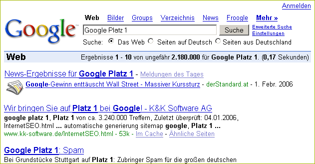 http://www.google.de/search?q=Google+Platz+1